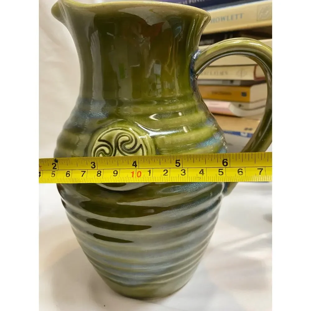 Colm De Ris Pitcher Art Ceramic Pottery Green Blue Celtic Triskelion Ireland